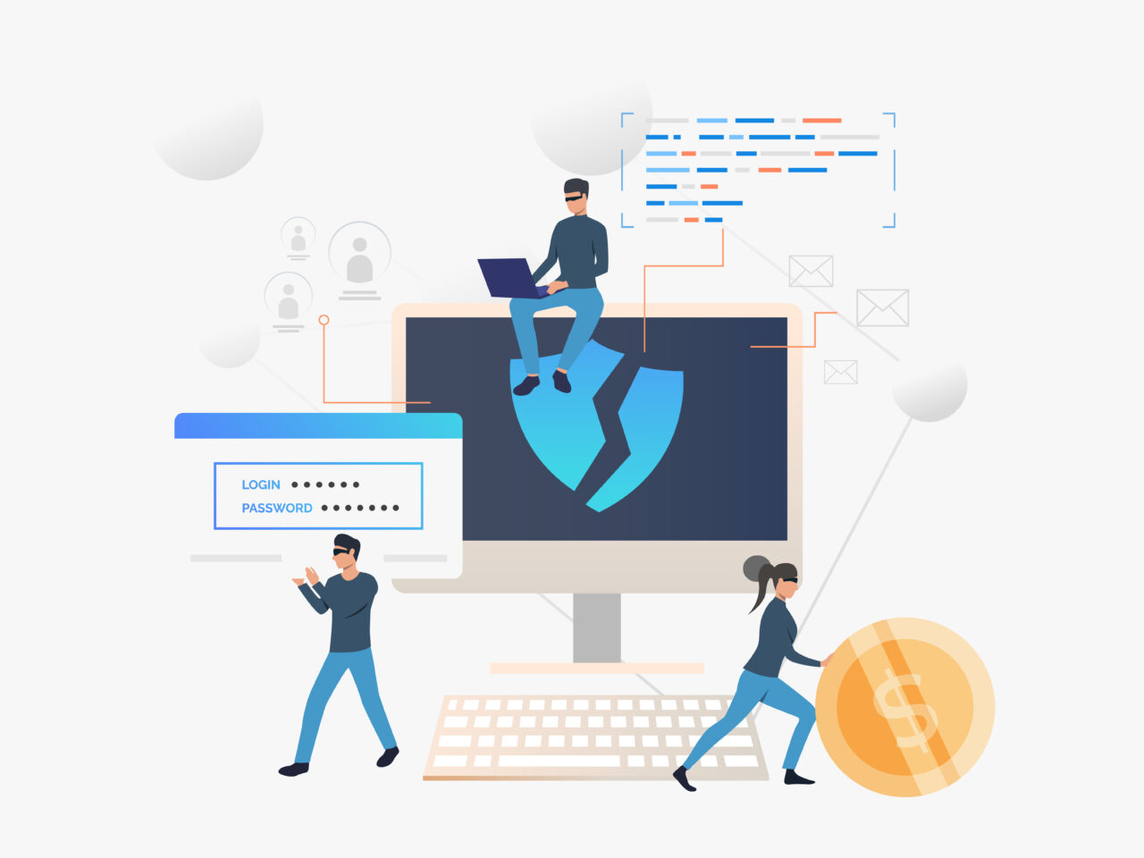 Cybercrime team hacking into computer. Cartoon hackers carrying password and money. Hacker attack concept. Vector illustration can be used for fraud, money risk, bank data safety